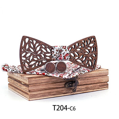 Mahoosive Fashion Vyriškos rankų darbo nosinės medinės ir rankogalių segtukai Medinis peteliškė Iš anksto surištas peteliškės vestuvių vakarėliui, medinė dovanų dėžutė