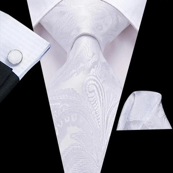 2024 Нови мъжки вратовръзки Бели флорални копчета за ръкавели Комплект копринени вратовръзки за мъже Сватбено парти Бизнес мъжка вратовръзка Модна марка Hi-Tie