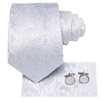 2024 Нови мъжки вратовръзки Бели флорални копчета за ръкавели Комплект копринени вратовръзки за мъже Сватбено парти Бизнес мъжка вратовръзка Модна марка Hi-Tie