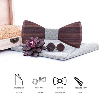Дървена папионка Комплект носни кърпи Мъже с копчета за ръкавели с ревери цветя Дървена кутия с флорален дизайн Модни нови мъжки вратовръзки