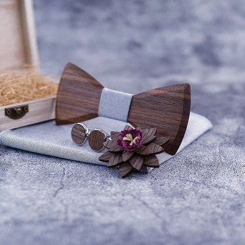 Дървена папионка Комплект носни кърпи Мъже с копчета за ръкавели с ревери цветя Дървена кутия с флорален дизайн Модни нови мъжки вратовръзки