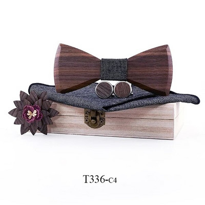 Drveni set rupčića za leptir-mašnu za muškarce s dugmadima za manžete, cvijeće s cvjetnim dizajnom Drvena kutija Modne novosti za muškarce