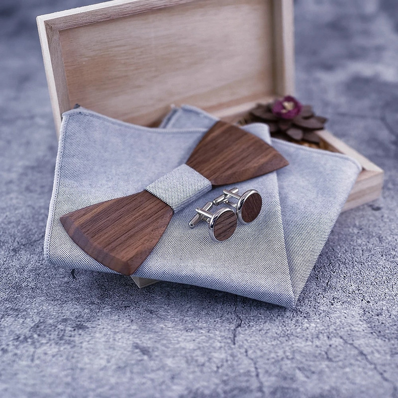 Drveni set rupčića za leptir-mašnu za muškarce s dugmadima za manžete, cvijeće s cvjetnim dizajnom Drvena kutija Modne novosti za muškarce