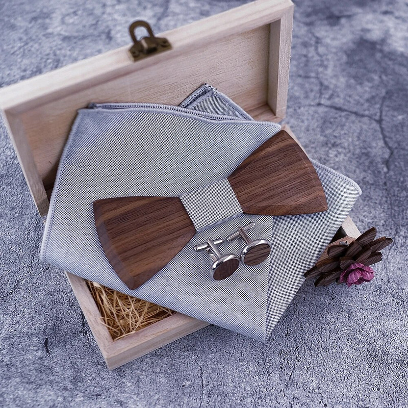 Drveni set rupčića za leptir-mašnu za muškarce s dugmadima za manžete, cvijeće s cvjetnim dizajnom Drvena kutija Modne novosti za muškarce