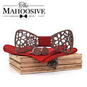 Nauja 4 dalys Medinis kaklaraištis Nosinaitė Rankogalių segtukai Madingi mediniai peteliškės vestuvių vakarienė Rankų darbo corbata Mediniai kaklaraiščiai Gravata rinkinys