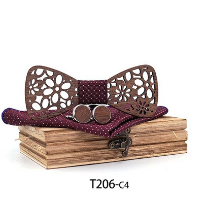 Nauja 4 dalys Medinis kaklaraištis Nosinaitė Rankogalių segtukai Madingi mediniai peteliškės vestuvių vakarienė Rankų darbo corbata Mediniai kaklaraiščiai Gravata rinkinys