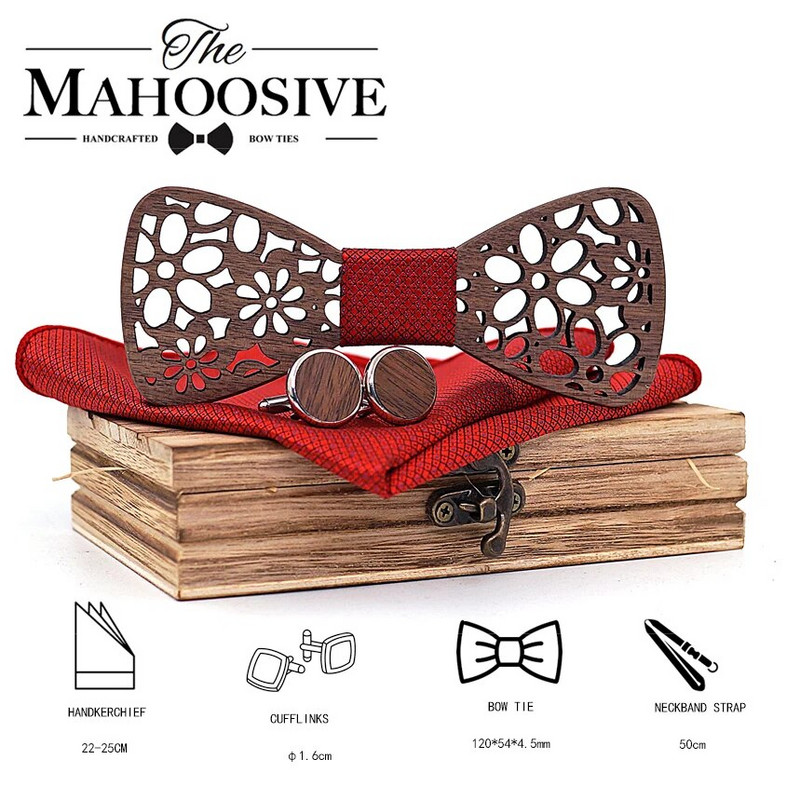 Nauja 4 dalys Medinis kaklaraištis Nosinaitė Rankogalių segtukai Madingi mediniai peteliškės vestuvių vakarienė Rankų darbo corbata Mediniai kaklaraiščiai Gravata rinkinys