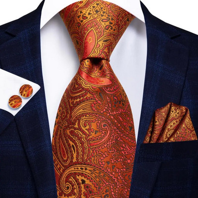 Hi-Tie Designer Orange Grey Paisley 2023 Jauna modes zīmola kaklasaite vīriešiem Kāzu ballīšu kaklasaites komplekts Handky aproču pogas dāvanu vairumtirdzniecība