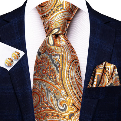 Hi-Tie Designer Orange Grey Paisley 2023 Jauna modes zīmola kaklasaite vīriešiem Kāzu ballīšu kaklasaites komplekts Handky aproču pogas dāvanu vairumtirdzniecība