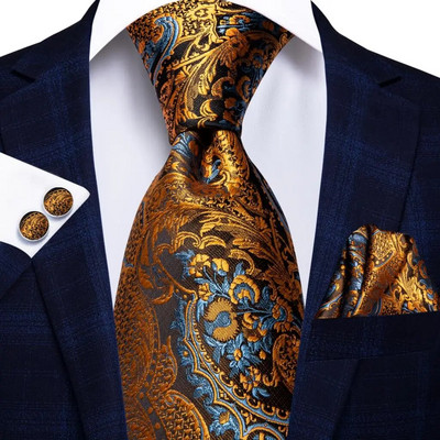 Hi-Tie Designer Orange Grey Paisley 2023 Jauna modes zīmola kaklasaite vīriešiem Kāzu ballīšu kaklasaites komplekts Handky aproču pogas dāvanu vairumtirdzniecība