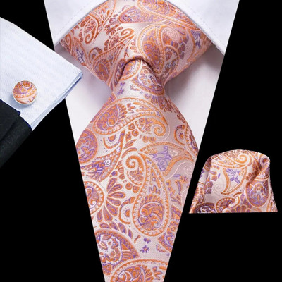 Hi-Tie Designer Orange Grey Paisley 2023 Jauna modes zīmola kaklasaite vīriešiem Kāzu ballīšu kaklasaites komplekts Handky aproču pogas dāvanu vairumtirdzniecība