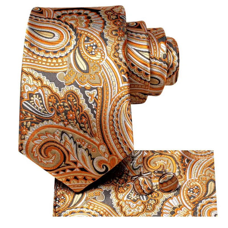 Hi-Tie Designer Orange Grey Paisley 2023 Jauna modes zīmola kaklasaite vīriešiem Kāzu ballīšu kaklasaites komplekts Handky aproču pogas dāvanu vairumtirdzniecība