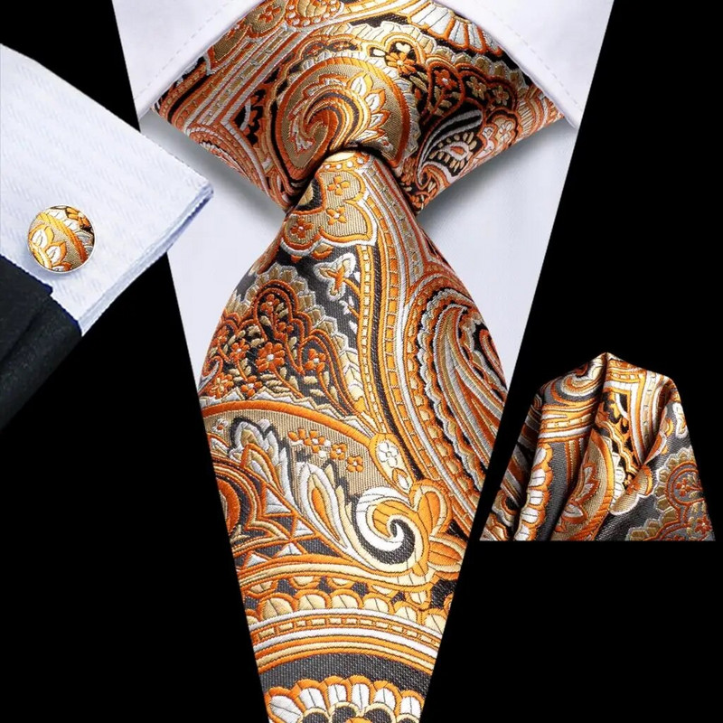 Hi-Tie Designer Orange Grey Paisley 2023 Jauna modes zīmola kaklasaite vīriešiem Kāzu ballīšu kaklasaites komplekts Handky aproču pogas dāvanu vairumtirdzniecība