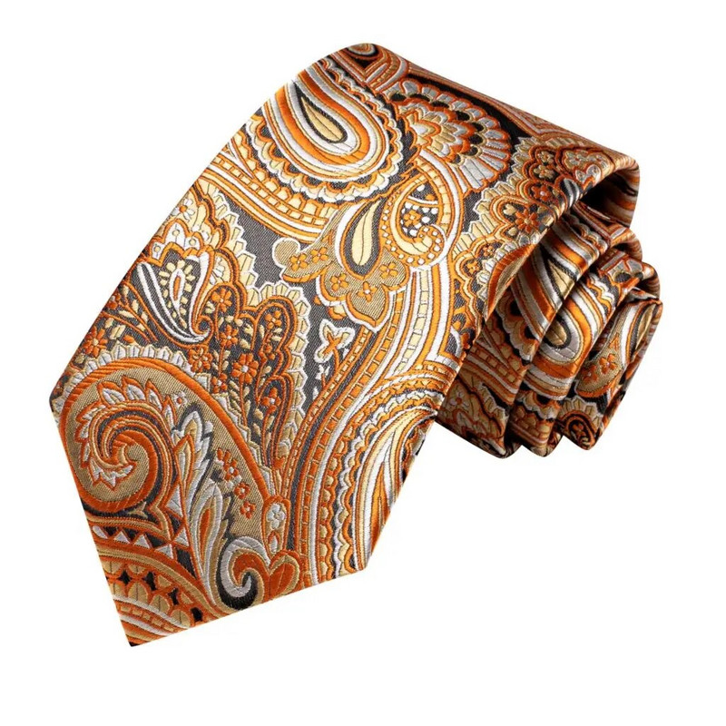 Hi-Tie Designer Orange Grey Paisley 2023 Jauna modes zīmola kaklasaite vīriešiem Kāzu ballīšu kaklasaites komplekts Handky aproču pogas dāvanu vairumtirdzniecība