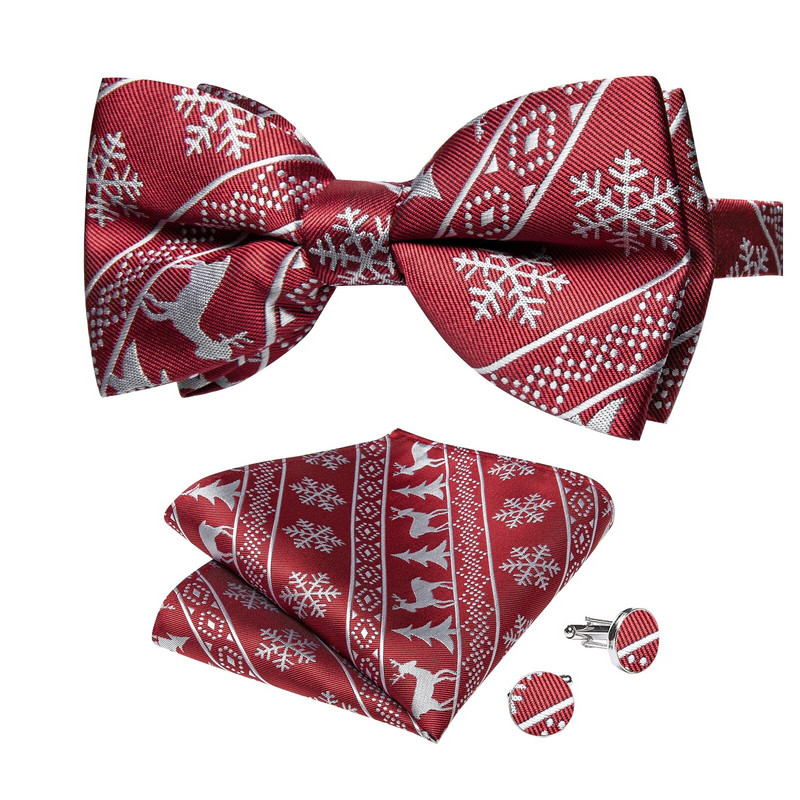 Crvena klasična božićna već zavezana leptir-mašna za zabavu na Božić, modna luksuzna leptir-mašna s džepnom četvrtastom garniturom za manžete, podesiva