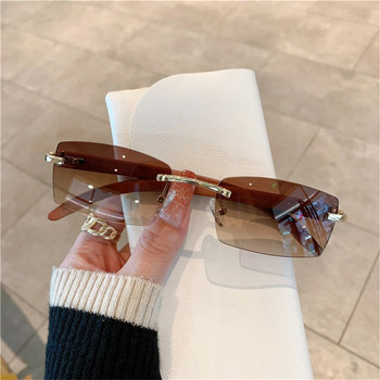 Правоъгълни слънчеви очила без рамки Очила с дървена рамка Дизайн на луксозна марка Жени Мъже Малки квадратни слънчеви очила за мъже Пътуване 2023 г.