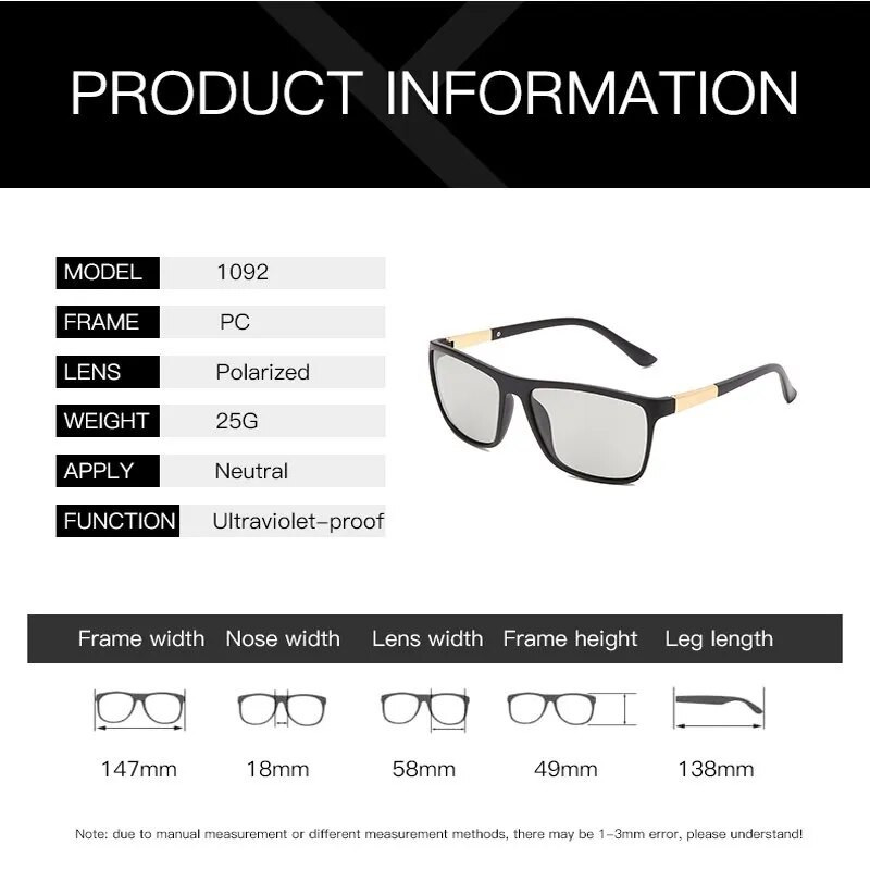 Square Photochromic Chameleon Polarized Päikeseprillid Unisex Mehed Naiste Bränd Disainer Sõidu päikeseprillid UV400 Polaroid päikeseprillid