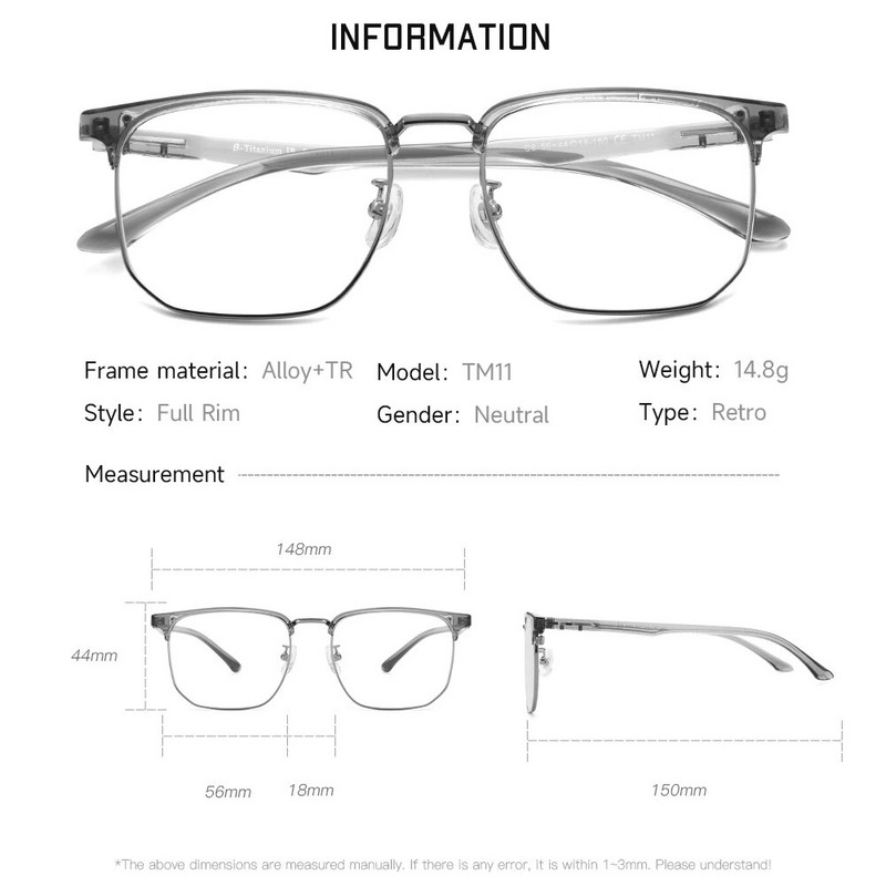Gmei Optical Fashion Alloy TR90 meeste prillide raam Naiste retro ruudu ülikerged prillide raamid TM11