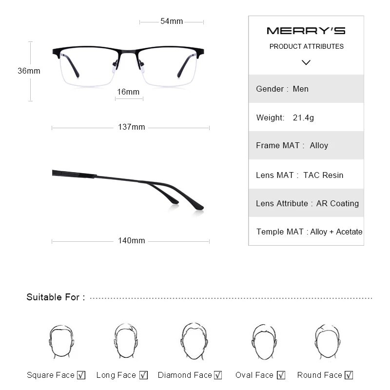 MERRYS DESIGN Vīriešu titāna sakausējuma brilles rāmis Vīriešu kvadrātveida acs tuvredzība recepšu brilles vīriešu pusoptiskas S2064