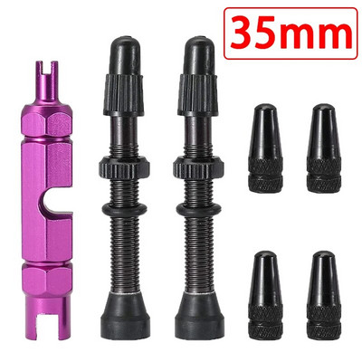 Velosipēda Presta bezcauruļu vārsta kāta komplekts alumīnija sakausējuma Presta vārsta kāta vāciņi 2 pāri un vārsta serdes noņemšanas rīks 35mm/44mm/60mm