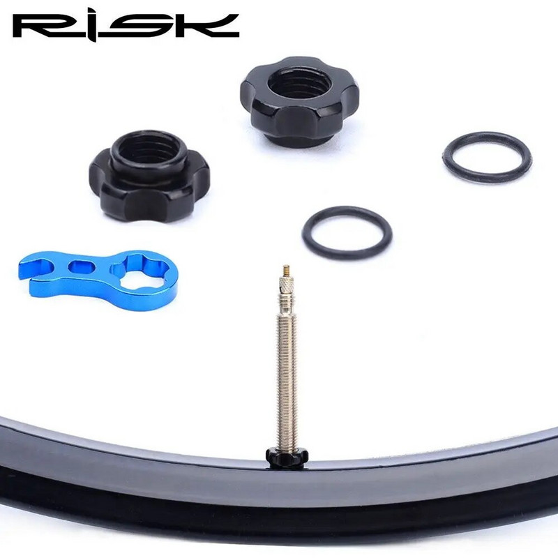 1 komplekts RISK kalnu velosipēda Presta vārsta uzgrieznis ar uzstādīšanas uzgriežņu atslēgu MTB šosejas velosipēda bezkameru riepas vārsta vāciņš Vakuuma riepas sprauslas bloķētājs