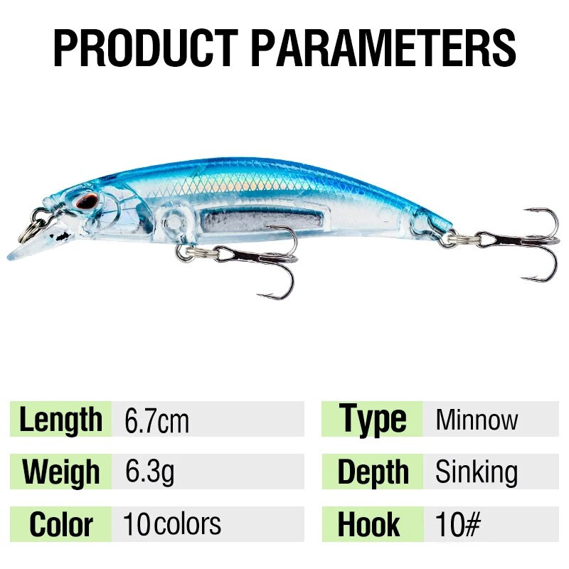 Minnow Fishing Lure Laser Hard Artificial Bait 3D Eyes 6,7cm 6,3g Voblerid karpkala kalastustarbed Slow Uping Jerkbait