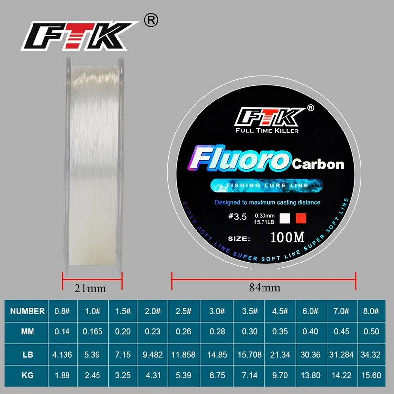 FTK 100m Fluorocarbon Fishing Line 4.13-34.32LB Super Soft Carbon Fiber Leader Line Carp Fishing Accessories