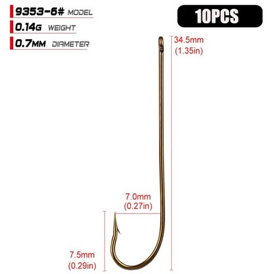 10 gab. Oglekļa tērauda makšķerēšanas āķi Zelta dzeloņstieņu āķis mīkstajiem dzeloņstieņu makšķerēšanas āķiem aplis ar augstu oglekļa tēraudu asināta ēsma 9353