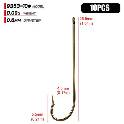 10 gab. Oglekļa tērauda makšķerēšanas āķi Zelta dzeloņstieņu āķis mīkstajiem dzeloņstieņu makšķerēšanas āķiem aplis ar augstu oglekļa tēraudu asināta ēsma 9353
