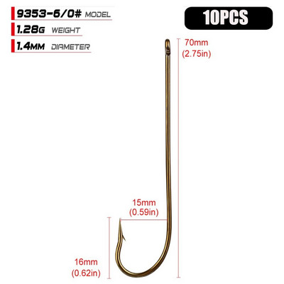 10 gab. Oglekļa tērauda makšķerēšanas āķi Zelta dzeloņstieņu āķis mīkstajiem dzeloņstieņu makšķerēšanas āķiem aplis ar augstu oglekļa tēraudu asināta ēsma 9353