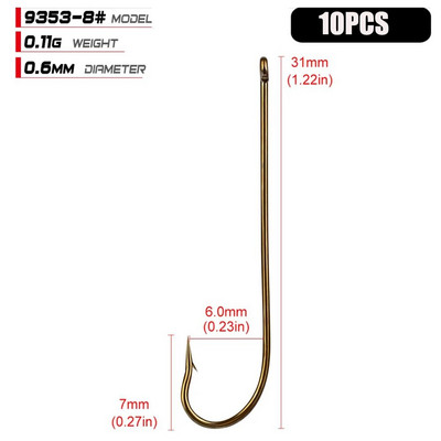 10 gab. Oglekļa tērauda makšķerēšanas āķi Zelta dzeloņstieņu āķis mīkstajiem dzeloņstieņu makšķerēšanas āķiem aplis ar augstu oglekļa tēraudu asināta ēsma 9353