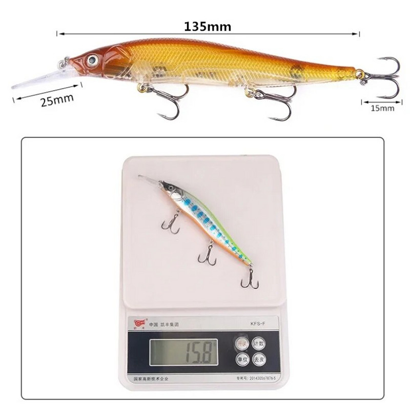1 gab Minnow makšķerēšanas mānekļi 13,5 cm 15,8 g kvalitatīvi suspensijas vobleri 3D Lifelike Eyes Bass Pike Bait Mākslīgā Pesca cietā ēsma