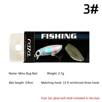 Klusi peldoši tārpu ēsmas mīksta apvalka mānekļi 38 mm/2,7 g Micro Object Noctilucent Light Bug Mini Swimbait Top ūdens makšķerēšanas mānekļu komplekts