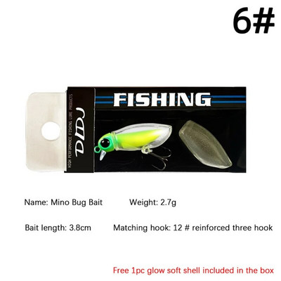 Klusi peldoši tārpu ēsmas mīksta apvalka mānekļi 38 mm/2,7 g Micro Object Noctilucent Light Bug Mini Swimbait Top ūdens makšķerēšanas mānekļu komplekts