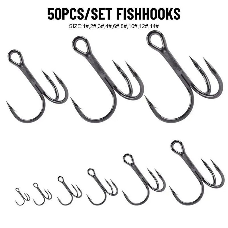 50Gb Melns niķelis Super Sharp Fishhooki Trīskārši makšķerēšanas āķi ar augstu oglekļa tēraudu matēti skārda āķi makšķerēšanas piederumi