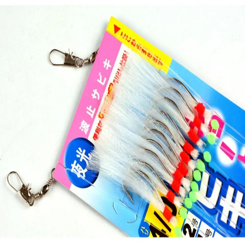 10 ΤΕΜ Σκουμπρί Αγκαθωτό Γάντζος Bass Cod Lures Sea Fishing Rigs Tackle Boat Fishing Hook with Thread Feather Σχοινί Sea Fishinhook