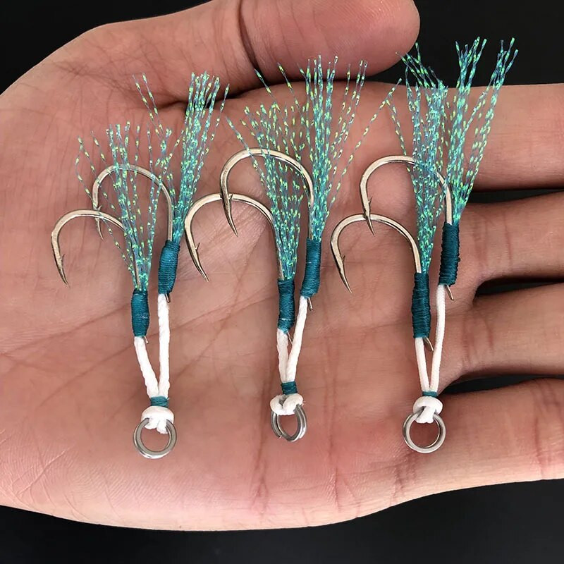 5 Pair Cast Jig Assist Āķis Lēna džiga māneklis Bass Āķi Dzeloņs āķis Piesiešana Zivju āķis ar spalvu jūras dubulto makšķerēšanas āķi