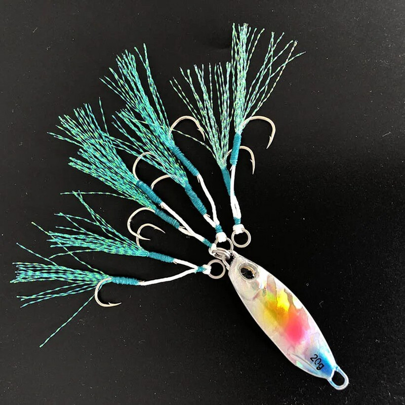 5 Pair Cast Jig Assist Āķis Lēna džiga māneklis Bass Āķi Dzeloņs āķis Piesiešana Zivju āķis ar spalvu jūras dubulto makšķerēšanas āķi