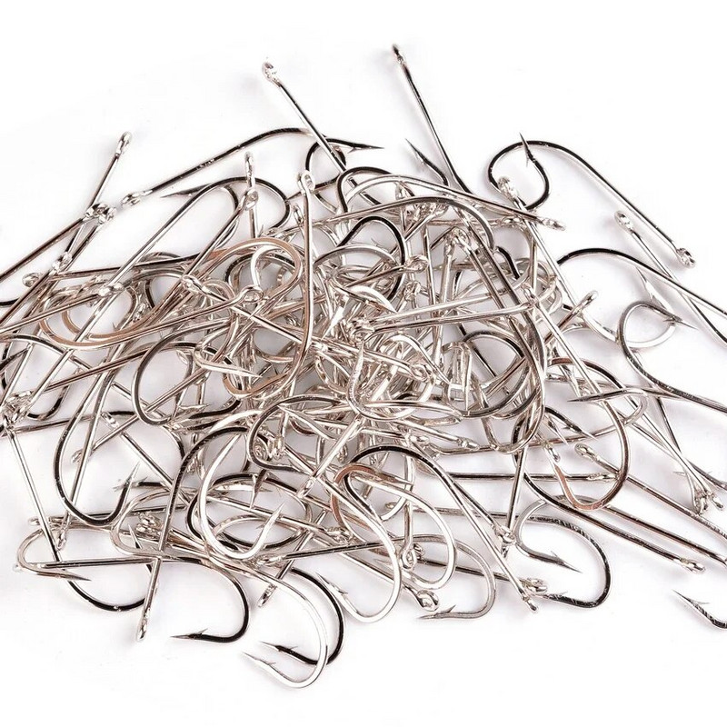 100gb Sudraba āķi ar augstu oglekļa tēraudu Lieli gari kāti makšķerēšanas āķi Sea Pint āķis Fishhook komplekts ar acīm Barb Makšķerēšanas piederumi