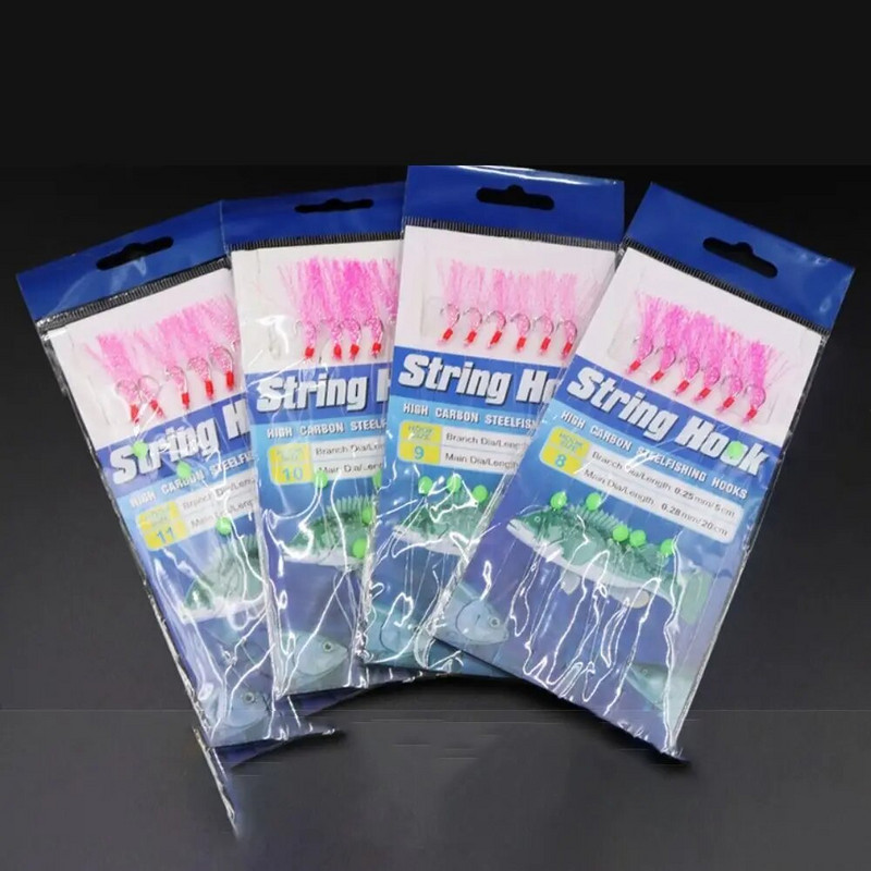 1 iepakojums (6gab) Makšķerēšanas Sabiki 6 Roku āķi Sarkanas Baltas Zivs Āda Jūras Saldūdens Makšķerēšanas Ierīces ar Grozāmo Spraudni