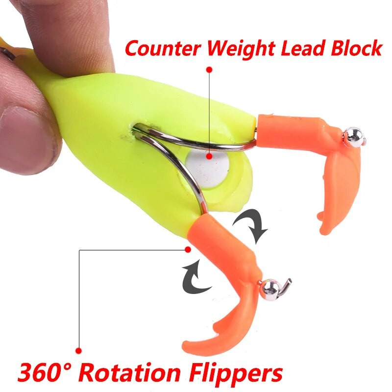 Topwater Ducking Silikona makšķerēšanas mānekļi 9cm 11,5g Bass Frog Double Propeller Flipper Duck Vobleri mākslīgās gumijas ēsma​