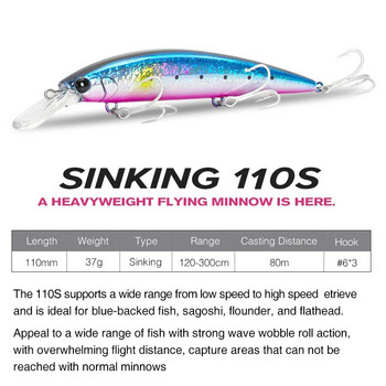 TSURINOYA 110mm 37g Βαρύ Βάρος Sea Fishing Lure Max 80m Ultra Long Casting Sinking Minnow WIZARD 110S Artificial Hard Baits