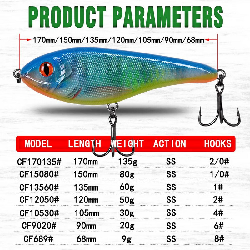 CF Lure 90mm/120mm/150mm (Χρώμα 1~24) Slow Sinking jerkbait musky pike slider Bass fishing lure Tackle