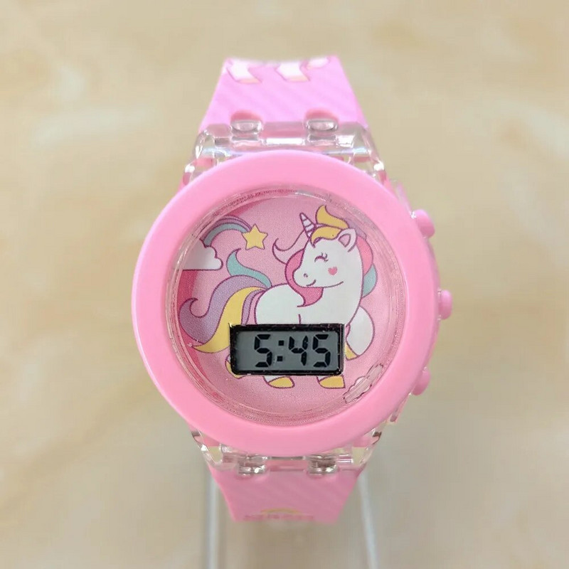 Tüdrukud, lapsed, lapsed, multifilmid ükssarvikud, digitaalne elektrooniline välklamp, helendavad värvilised sünnipäevapeo kingitused kellad