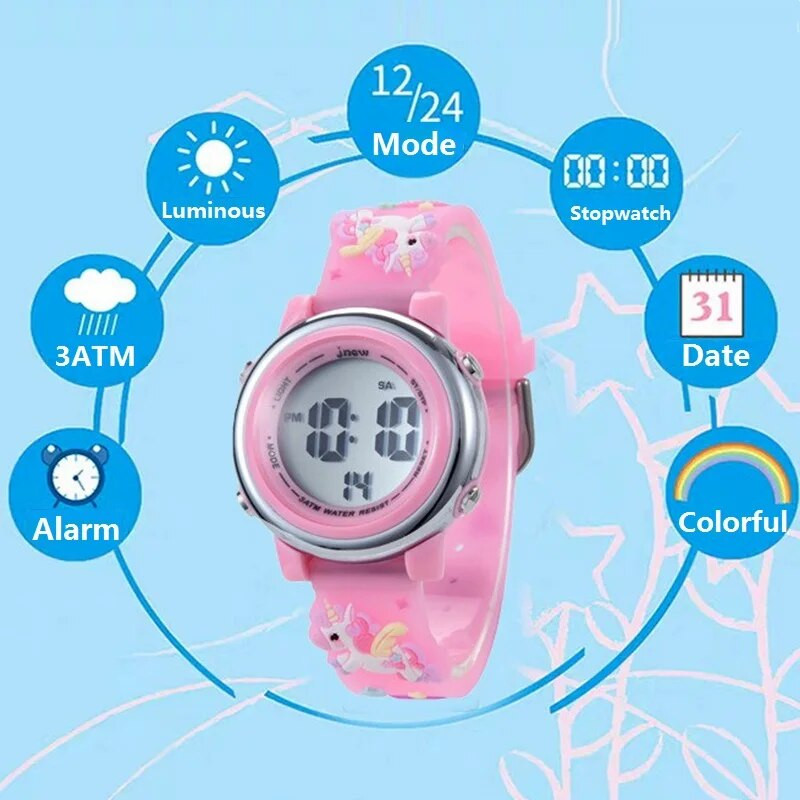 Skaista, jauka 3D sirds varavīksne vienradzis meitenes bērni bērni silikona ūdensizturīgs digitālais sporta modinātājs, gaišs dāvanas pulksteņi pulkstenis