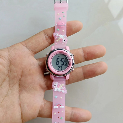 Meitenes Bērni Bērnu sporta 3D multfilma Rozā vienradzis Daudzfunkcionāls digitāls elektronisks kvēlojošs Gaismas modinātājs Pulkstenis Dāvanas Pulkstenis