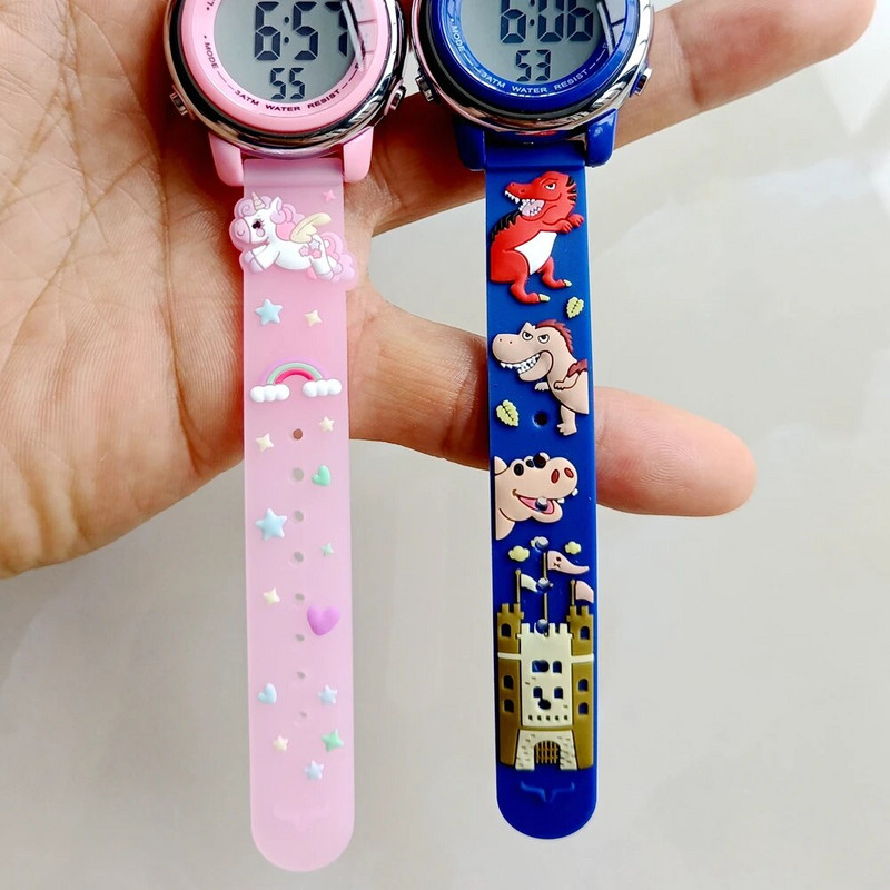 Meitenes Bērni Bērnu sporta 3D multfilma Rozā vienradzis Daudzfunkcionāls digitāls elektronisks kvēlojošs Gaismas modinātājs Pulkstenis Dāvanas Pulkstenis