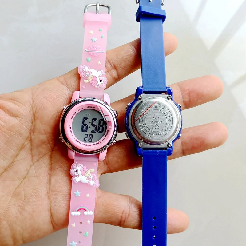 Meitenes Bērni Bērnu sporta 3D multfilma Rozā vienradzis Daudzfunkcionāls digitāls elektronisks kvēlojošs Gaismas modinātājs Pulkstenis Dāvanas Pulkstenis