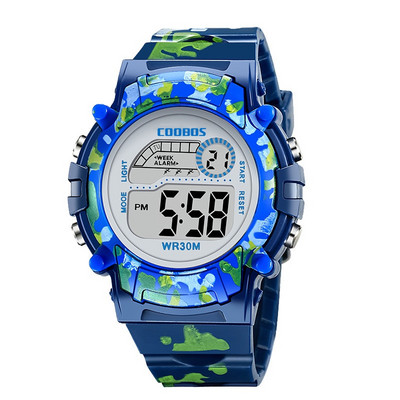 Ceasuri de camuflaj albastru bleumarin pentru copii Bliț colorat cu LED Alarma digitală rezistentă la apă pentru băieți, fete, întâlnire, săptămâna, ceas creativ pentru copii