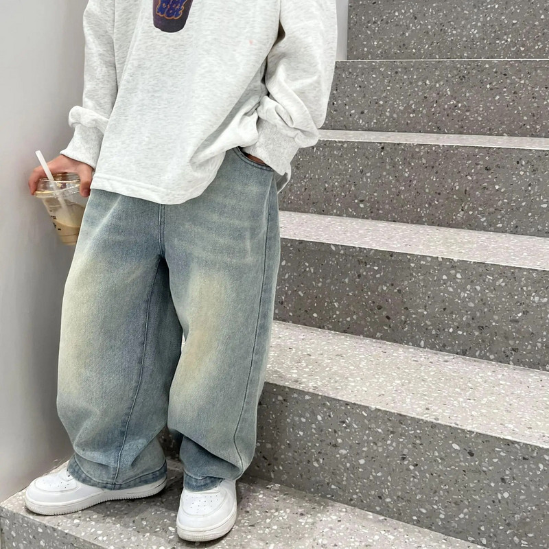 Lasteriided 2023 Uued moodsad püksid kevad-sügis poistele Retro teksad Korea stiilis sirged vabaaja lihtsad püksid